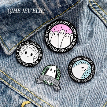 

QIHE JEWELRY Cartoon Enamel Lapel Pins Sad Ghost Club Brooches Badges Fashion Fun Cute Pins Gifts for Friends Wholesale