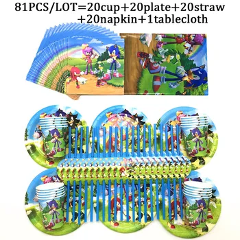 

For 20Person Sonic The Hedgehog Party Supplies Paper Plate Cup Straws Napkin Tableware Set Baby Shower Birthday Party Tablecloth