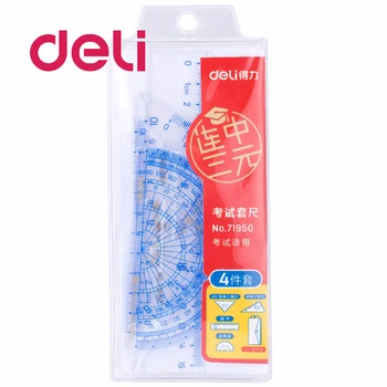 Deli 4pcs/Set Triangle Ruler Protractor Measuring Kit Clear Drawing Straight Rulers Student Stationery School Office Supplies