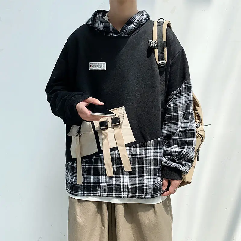 

Autumn Plaid Hoodies Men's Fashion Retro Casual Hooded Sweatshirt Men Streetwear Loose Hip-hop Pullover Hoodie Mens Hoody M-5XL