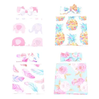 

New 2Pcs Little Kids Cute Cartoon Printed Wrapped Blanket Towel with Bow-knot Headband Hair Band Set for Baby Infants