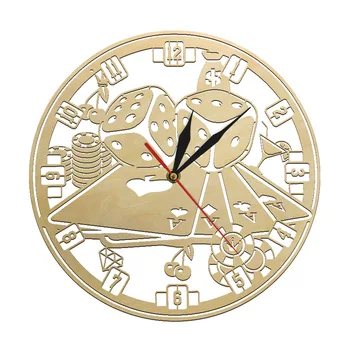 

Poker Chip Set Playing Cards Dice Wooden Wall Clock Casino Art Decorative Silent Wall Watch Game Room Wall Decor Gambler Gift