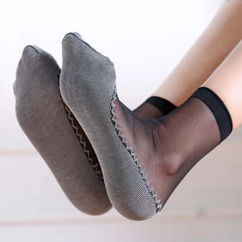In Stock 1 Pair Spring Summer Women Soft Socks Casual Non-Slip Bottom Splice Fashion Transparent Ladies Girls Thin Silk Sock