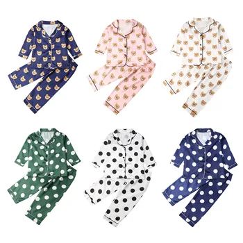 

Spring Autumn 2Pcs Baby Kid Boy Girl Satin Silk Pajamas Set Long Sleeve Shirt+Pants Sleepwear Nightwear Bear Polka Dot Outfits