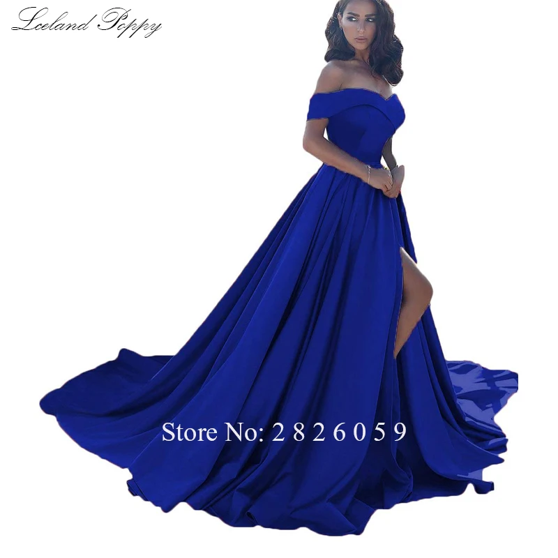 Royal Blue Халат de Soiree женские с открытыми плечами А-силуэта атласные вечерние платья без рукавов спереди с разрезом длина до пола вечерние выпускные платья - Цвет: Royal Blue