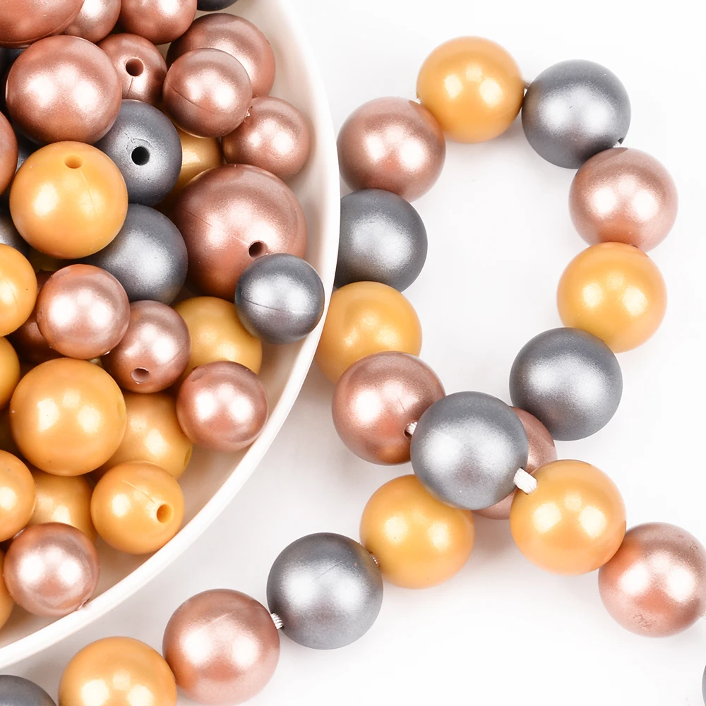 Silicone Beads 10Pcs Metallic Silver/Gold Print 12/15/19mm Copper Print Teething Beads DIY Jewelry BPA Free Pacifier Clip Making