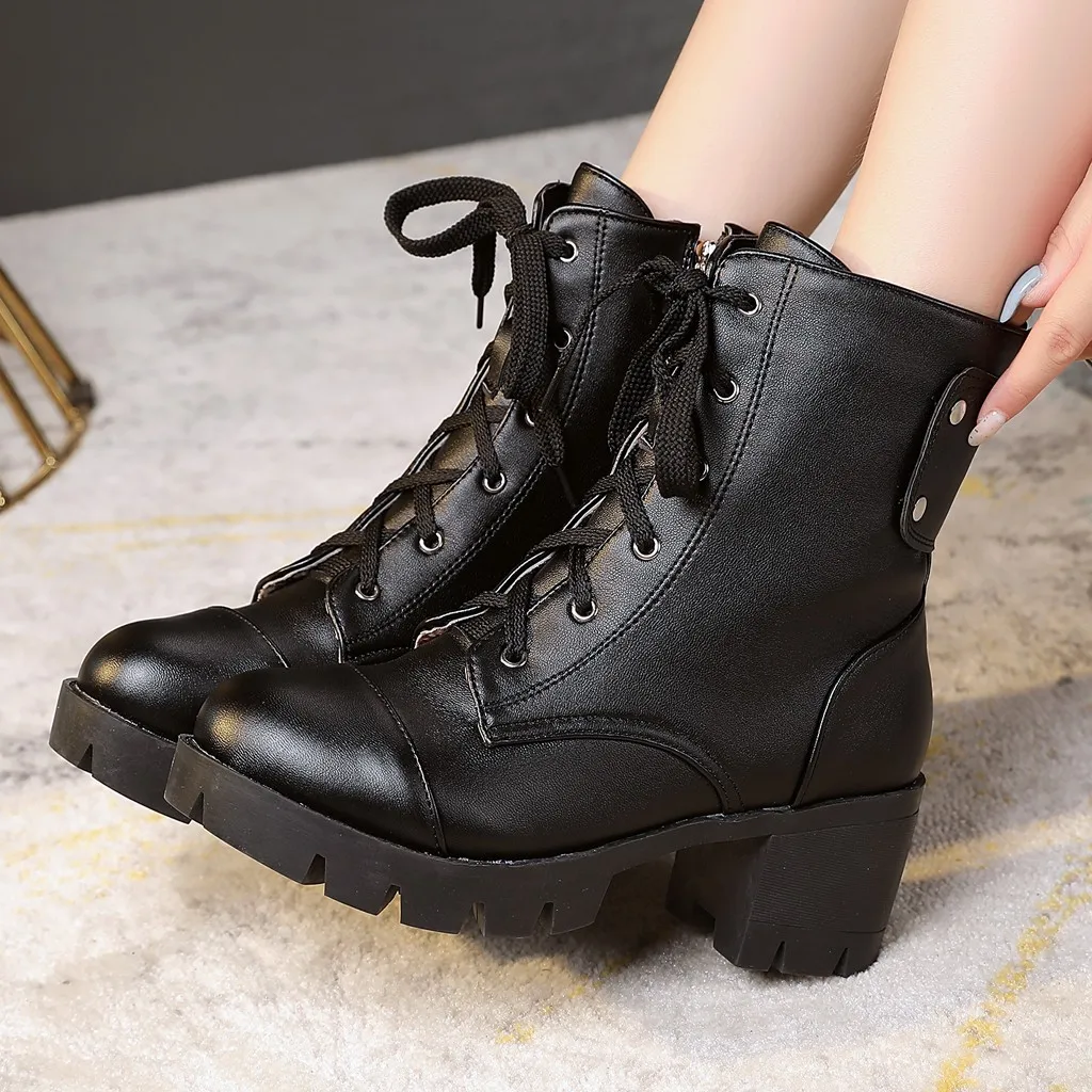 

Women's Lace-Up Ankle Bare Boots Mid-calf Square Heel Platform White shoes woman Casual Middle Tube winter Booties botas mujer