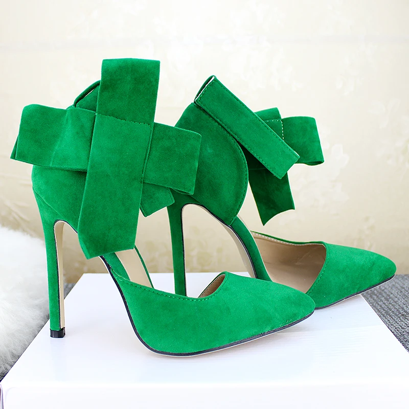 Модная женская обувь Туфли-лодочки на высоком тонком каблуке с острым носком и большим бантом женские свадебные туфли цвет красный, синий, зеленый, розовый, черный, 43
