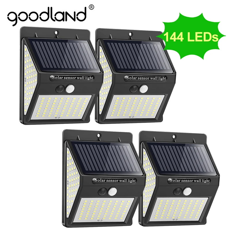 Goodland — Lampe solaire à 100 ou 144 LED avec détecteur de mouvement PIR, applique murale, éclairage d'extérieur, luminaire de paysage, idéal pour la rue ou comme décoration de jardin