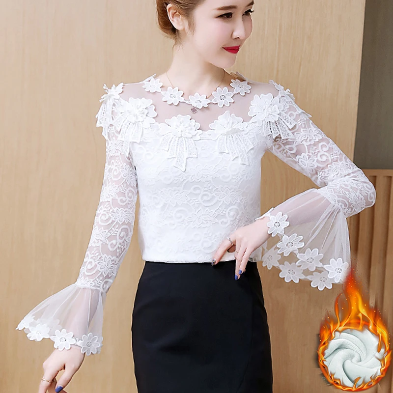 Women's Blouses 2019 New Korean Hollow Long Sleeve Plus velvet thickened Women Blouses Shirts Lace Top 230C