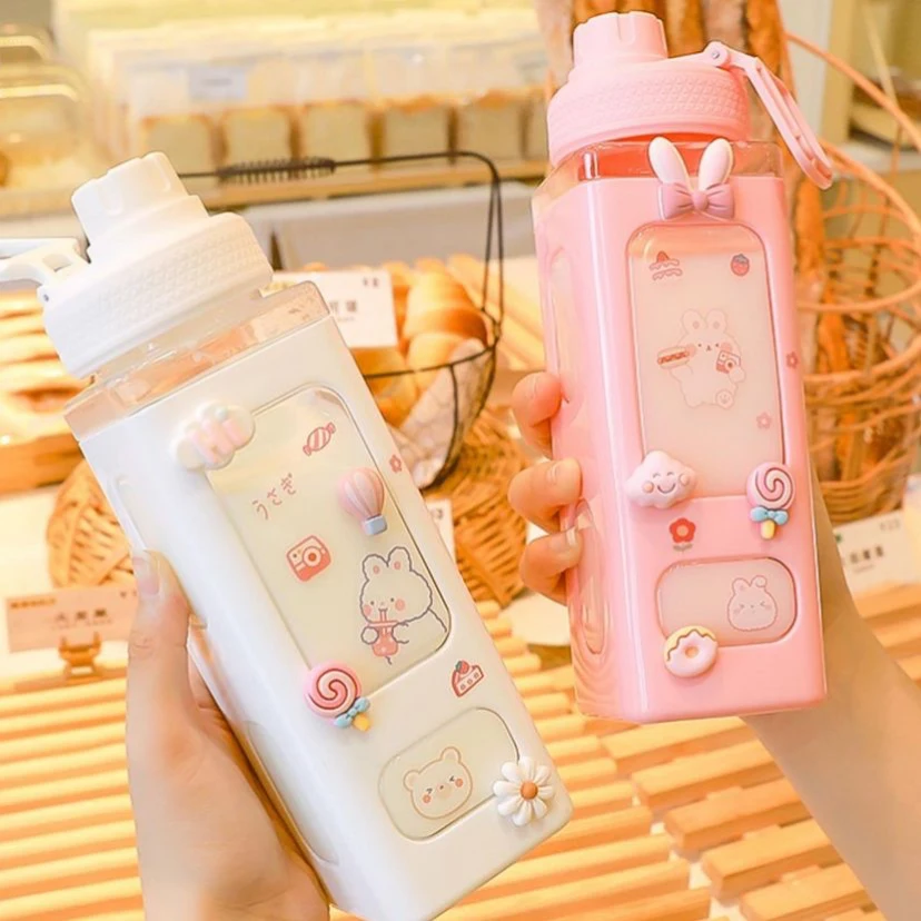 Kawaii Pastel Straw Bottle New Transparent Square Cute Water Bottles Large Capacity Travel Outdoor Sport Cycling Bottle BPA Free sports water bottle sports bottle water bottle