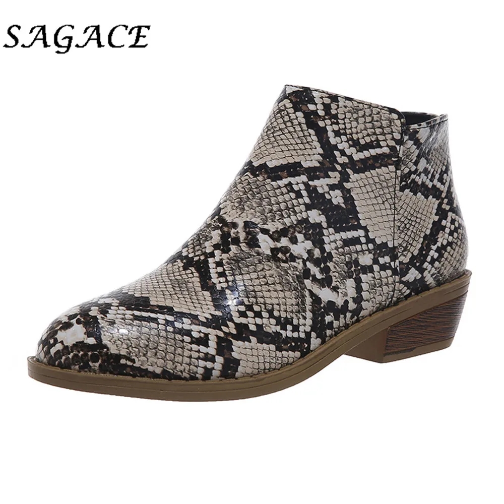 

SAGACE Shoes ladies black leather boots zipper snake print Ankle boots plus size pointed toe square heel women platform boots