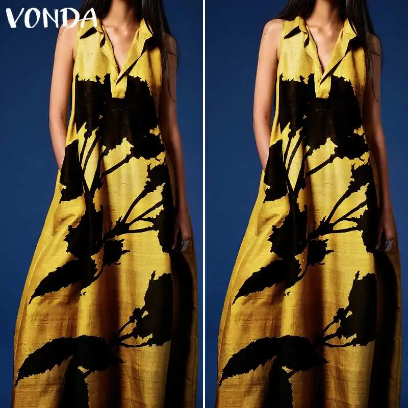 VONDA/летнее платье без рукавов, плюс размер, v-образный вырез, платье с принтом, повседневные женские Вечерние Платья с цветочным принтом, праздничные платья, большие размеры, Vestidos