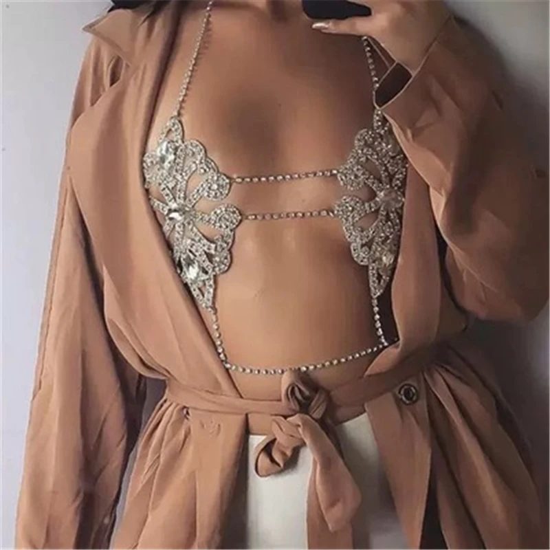 

European And American Popular Retro Sexy Rhinestone Inlaid Hollow Lotus Leaf Likini Rhinestone Bra Body Chain For Women