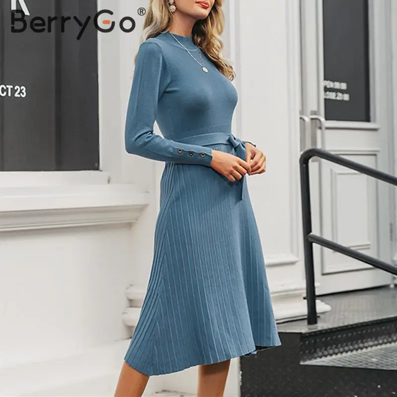 BerryGo, элегантное осеннее трикотажное платье для женщин, уличная одежда, пуговицы, ремень, облегающее длинное платье, Офисная Леди, водолазка, макси, платье-свитер