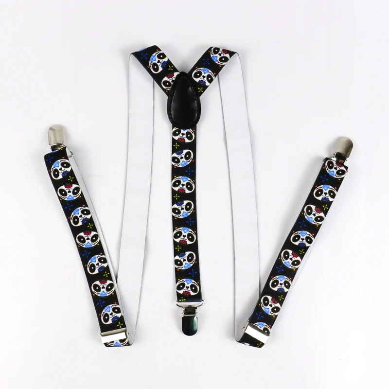 Winfox  New Adult 3 clips On Adjustable Cute Black Panda Animal Print Suspenders Braces For Men Women