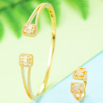 

SISCATHY Charms Wedding Saudi Arabic Dubai Jewelry Sets Charms 2pcs Bangle Ring For Women Full Micro Cubic Zircon Pave Jewelry