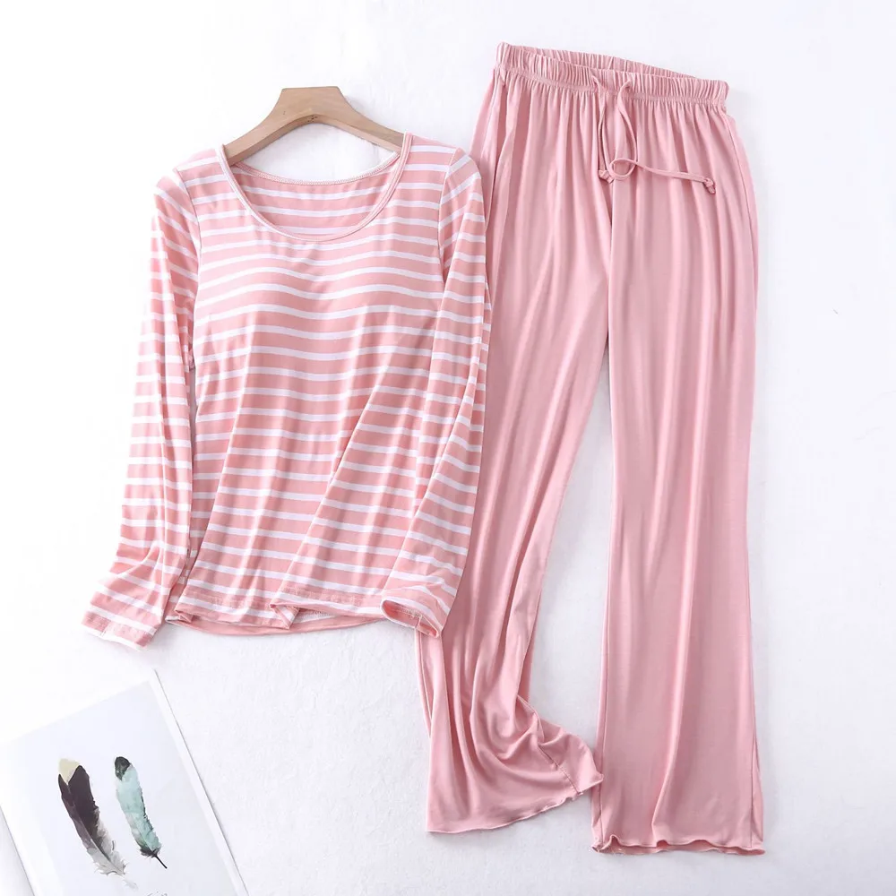 

Fdfklak M-XXL Plus Size Clothing 2 Piece Set Women Pajamas Modal Spring Autumn Lounge Suit Night Sleepwear Pijama Mujer