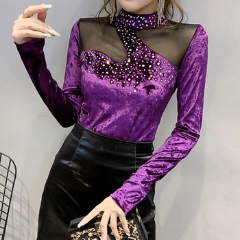 

2019 autumn winter new design Korean diamond long sleeve shirt women velvet womens blouses fashion mesh blouse shirt tops
