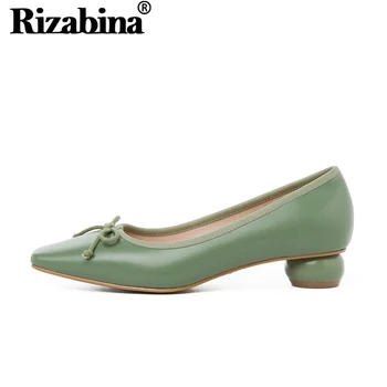 

RIZABINA Women Pumps Shoes Fashion Bowknot Sweet Shoes Women Square Head Special Heels Real Genuine Leather Footwear Size 34-39
