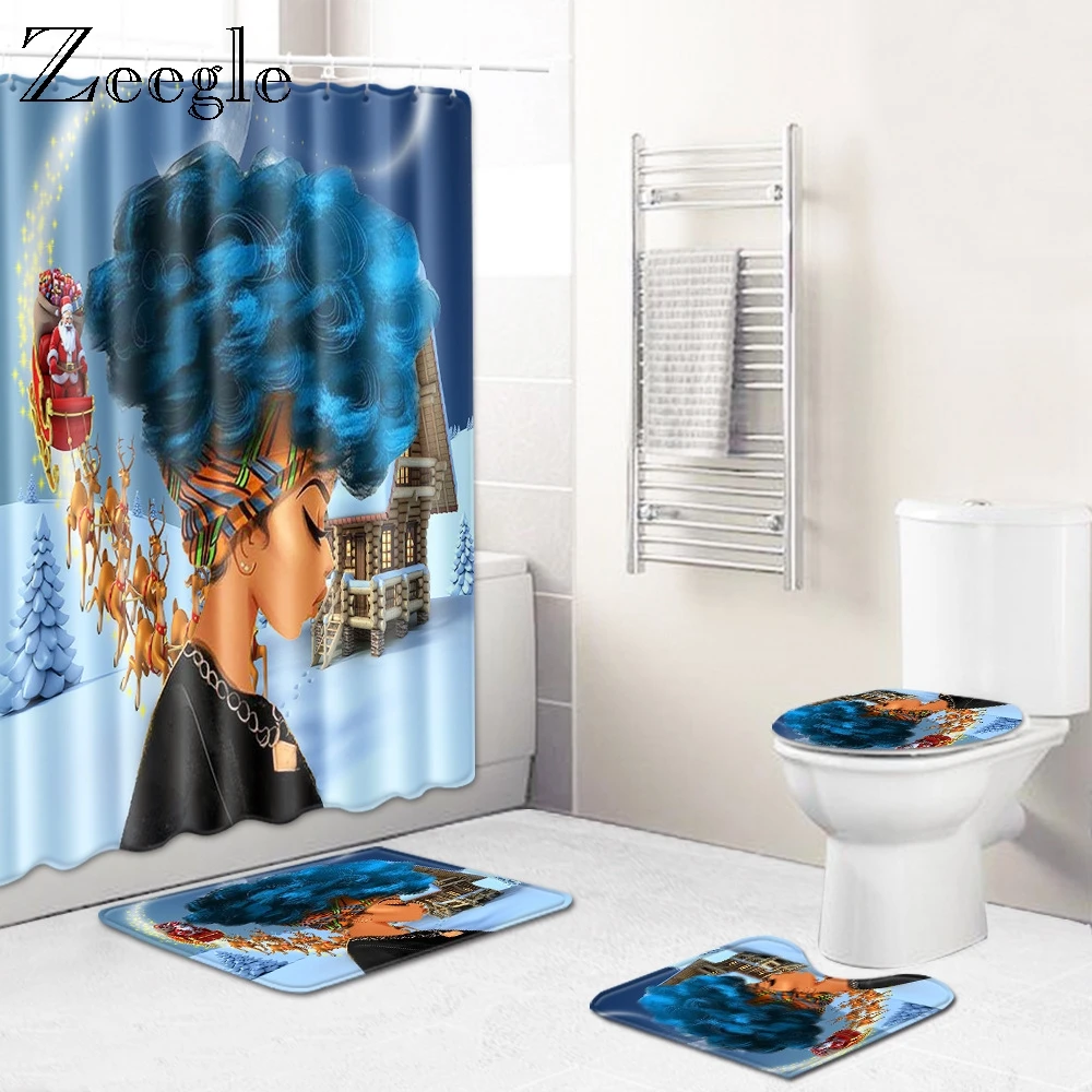 Zeegle Christmas Bathroom Decoration Mat Toilet Anti-slip Mat Water Absorption Foot Rug Printed Shower Curtain Toilet Foot Rug