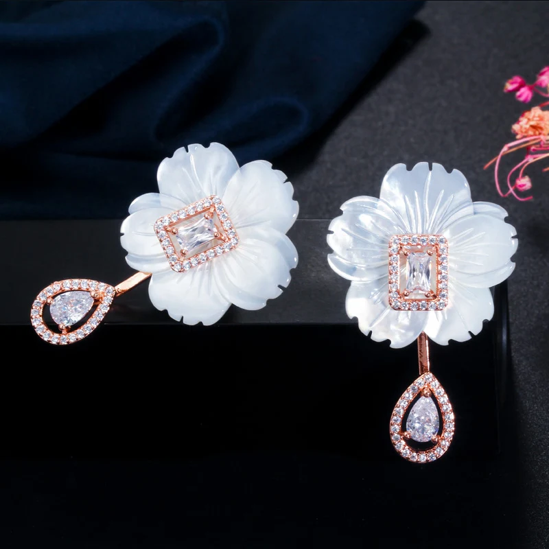 CWWZircons Natural Designer Shell Flower Cubic Zirconia Stone Big Long 585 Rose Gold Drop Earring for Women Trendy Jewelry CZ624