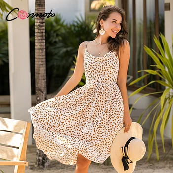 

Conmoto midi casual summer beach dress women spaghetti strap leopard dresses ruffles bow tie backless dresses Vestido
