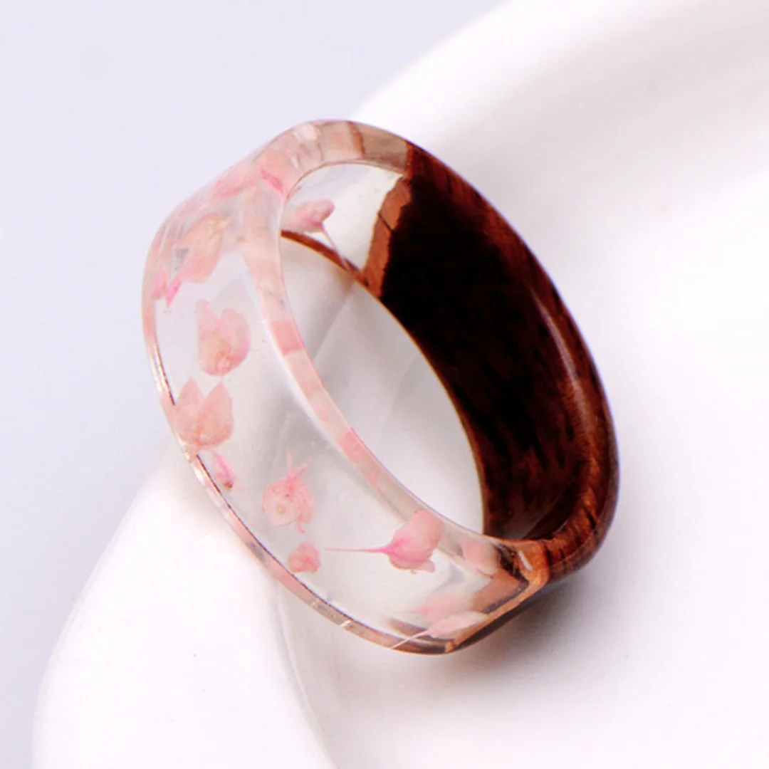 Сушеный цветок смолы дерево кольцо человек прозрачный палец кольцо Шарм завод дерево кольца Bohemia для женщин ручной работы ювелирные изделия вечерние подарок