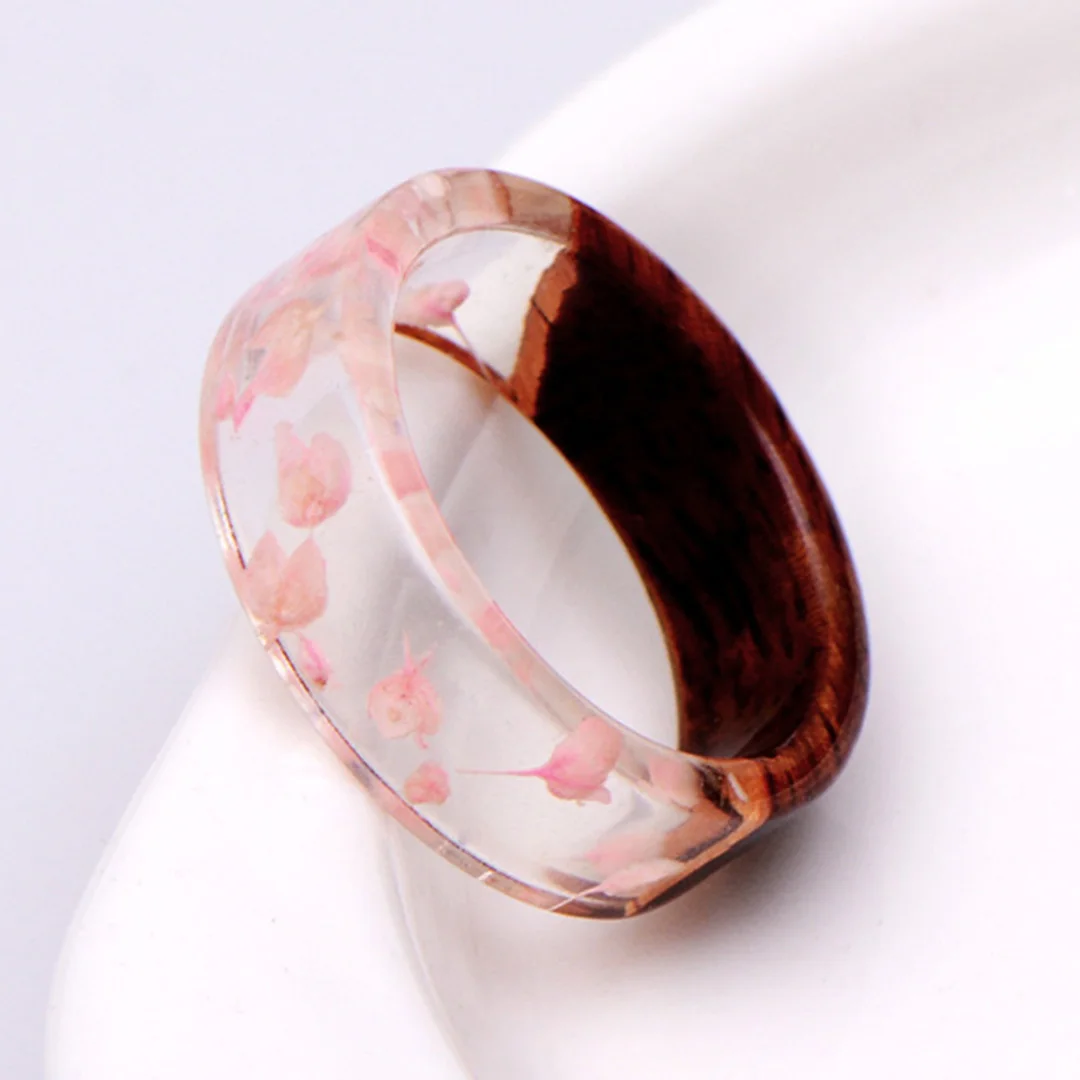 Dried Flower Resin Wood Ring Man Transparent Finger Ring Charm Plant Wood Bohemian Rings For Women Handmade Jewelry Party Gift