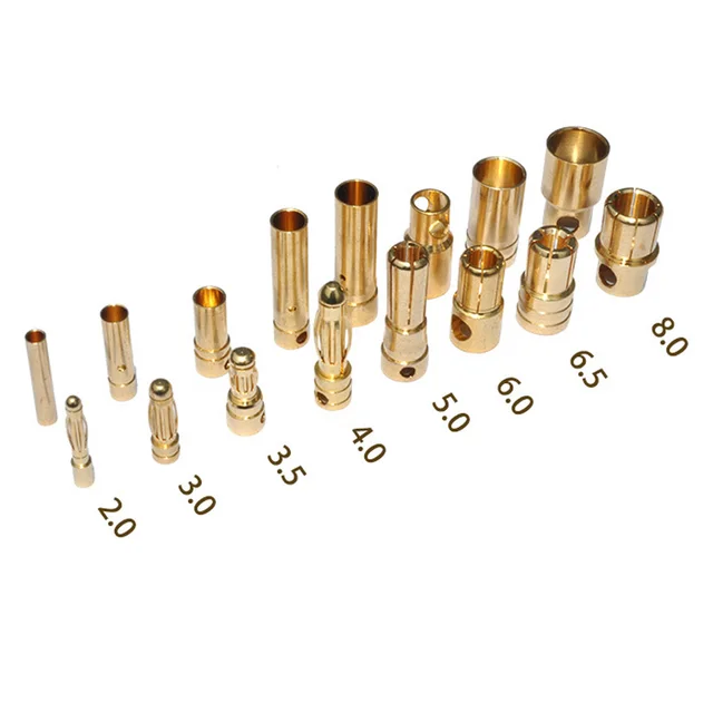 40pcs/lot 2.0mm 3.0mm 3.5mm 4.0mm 5.5mm 6.0mm 8.0MM Gold Bullet Banana Connector plug for ESC Lipo RC battery Plugs (20 pair) 3