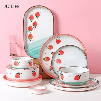 

JO LIFE Kitchen Ceramic Tableware Cute Strawberry Cutlery Series Sauce Dish Soup Bowl Steak Salad Ceramic Plate