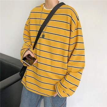 

2019 Autumn Korean Men Casual Loose Stripe Hit Color Cotton Pullover Sweatshirt Coat Round Neck Long Sleeve Hoodies Homme M-XL