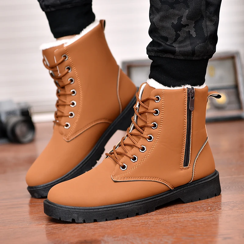 Winter men's warm leather boots fashion leisure high help men snow boots outdoor mountaineering waterproof men's work boots - Цвет: yellow