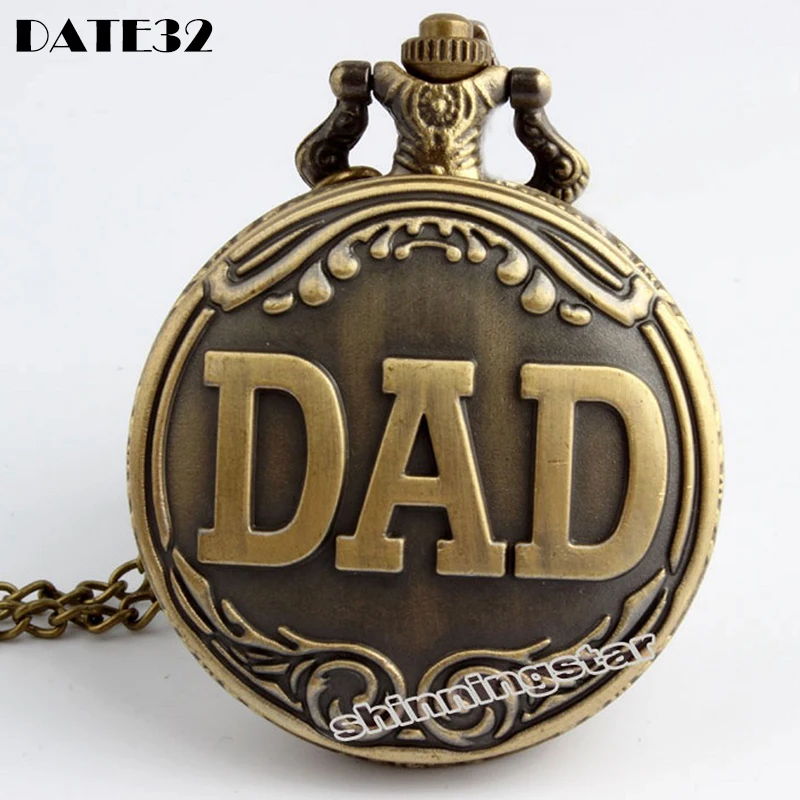 

Dad Pendant Quartz Pocket Watch Vintage Engraved Case Men Fob Chain Necklace Clock Gift for Daddy Father's Day Birthday Present