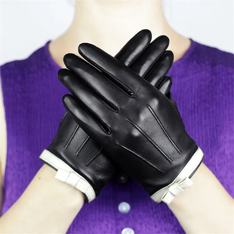 Black Velvet Lined Мужские перчатки из натуральной кожи Женская мода бабочка узел перчатки из овечьей кожи с вельветовым уплотнителем, женские черные перчатки DQ106 - Цвет: Black Velvet Lined