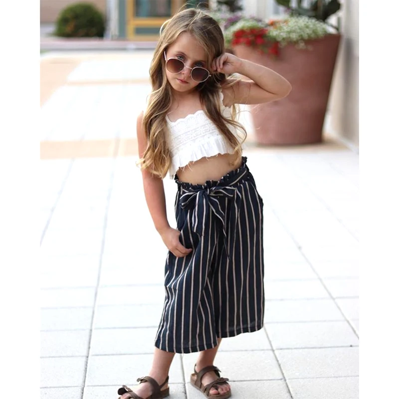 

Pudcoco Fashion Kids Baby Girls Clothes Set Lace White Crop Tops Striped Long Pants 2pcs Outfits Set Summer Sunsuit For 1-6Year