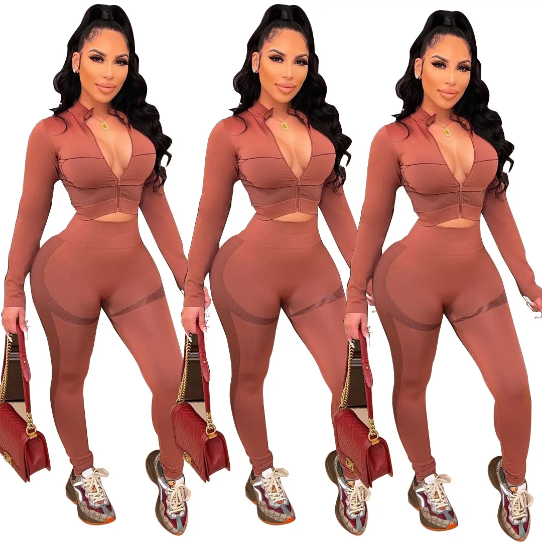 

Woman Fashion Print Two Piece Sets Long Sleeve Tracksuits Zip Up Sheath Voga Sports Wear Causal Spring Tops+ Pants