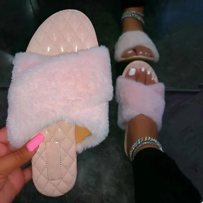 

Outdoor Leisure All-match Ms Slippers 2020 Autumn Winter New Fox Fur Cross Leather Home Durable Flat Non-slip Women's Sandals