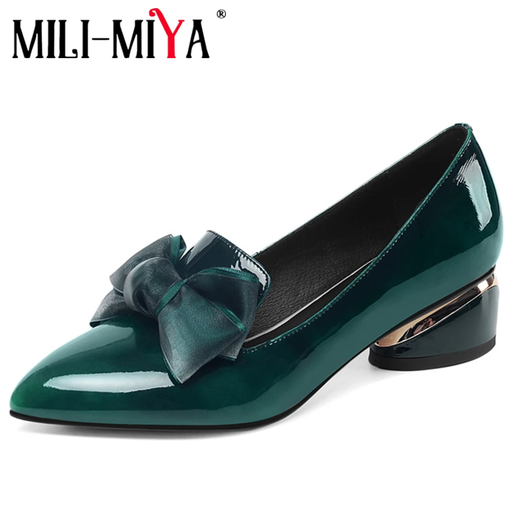 MILI-MIYA; модные женские туфли-лодочки из лакированной кожи с бантом-бабочкой; удобные модельные туфли с круглым носком на каблуке; Повседневная обувь; большой размер 42