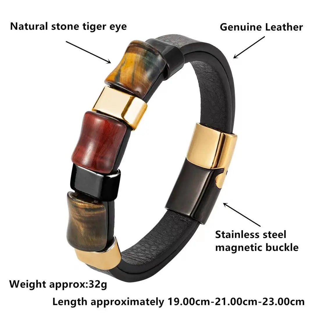 Men's Bracelet Tiger's Eye Leather Rope Stainless Steel bracelet jewelry
