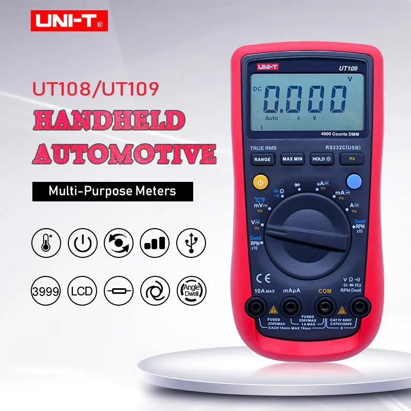 

UNI-T UT109 Automotive Multimeter;AC DC volt Current Ohm meter;Capacitance Temperature test;Engine speed Measure RS232 interface
