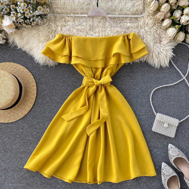 SINGRAIN Summer Women Off Shoulder Dress Bohemian Romantic Ruffle Sundress Party Holiday A-Line Retro Solid Chiffon Beach Dress