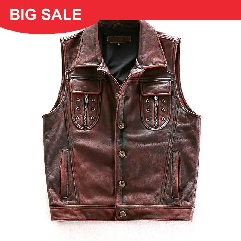 

2020 Vintage Brown Men Short Biker's Leather Vest Plus Size XXXL Genuine Cowhide Spring Slim Fit Motorcycle Leather Vest