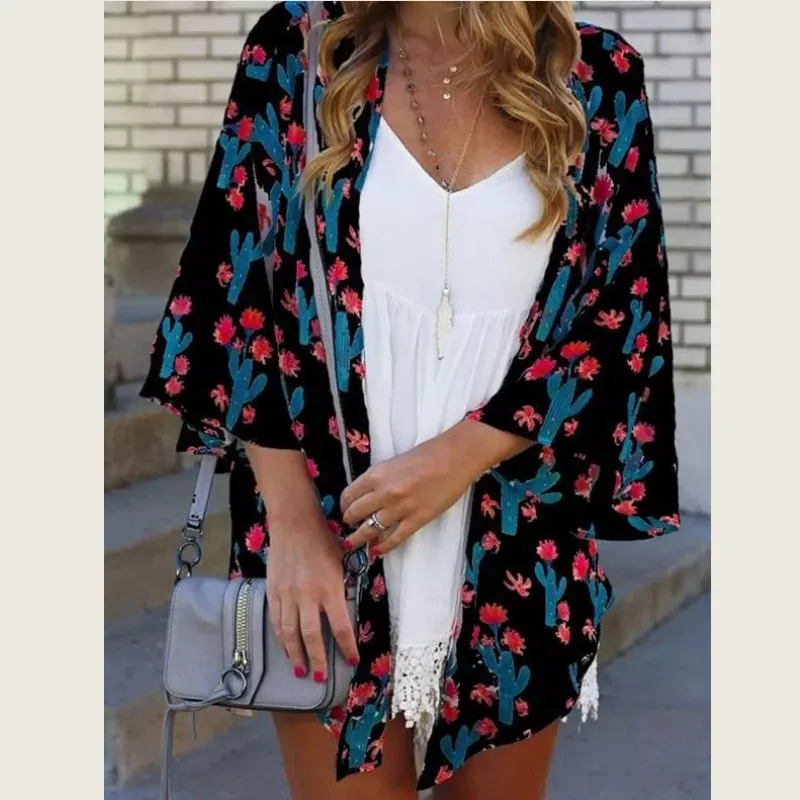 Funic 2019 Womens Chiffon Cover Up Shawl Print Lace Kimono Cardigan Flare Sleeve Beachwear 