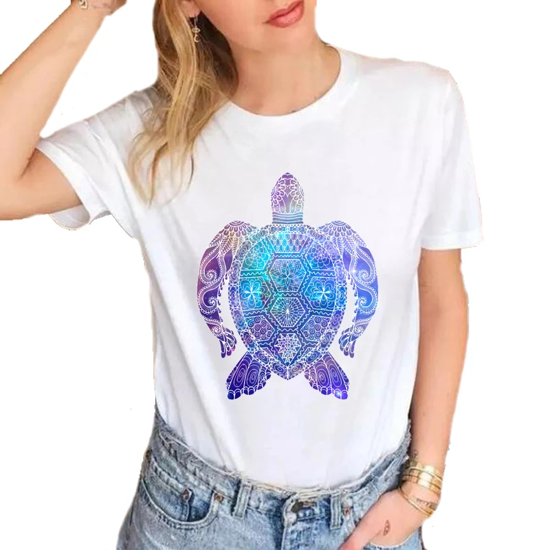 

New Summer Fashion Funny Colorful Space Sea Turtle Abstract Art T-Shirts Women printed Short Sleeve Soft Cotton White Tops S1275
