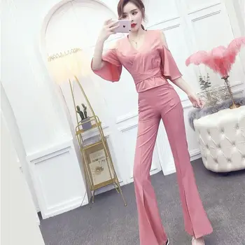 

Women 2020 Summer Two Piece Set Female Fashion Solid Off Shoulder Short Sleeve +Split Flare Pants Outfits Slim Elegant Suit L158