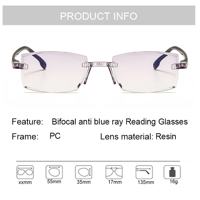 Бифокальные многофокальные очки для чтения анти синий светильник увеличительное Пресбиопия для мужчин женщин без оправы TR90 Рамки диоптрий дальнозоркости