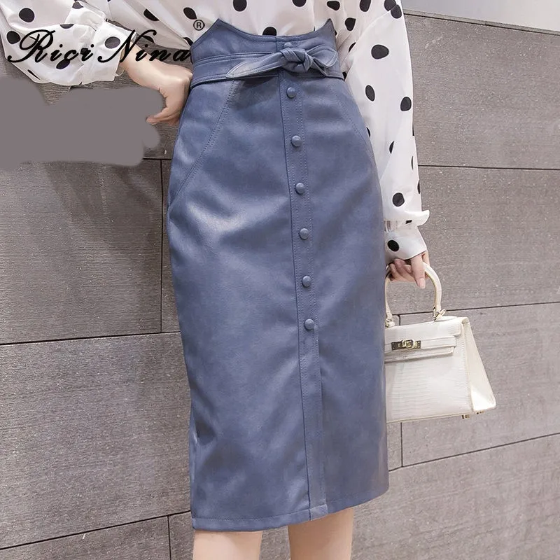 

RICININA Women Skirts Autumn Winter Buttons Bow Solid Midi Skirt Leather Womens Maxi Jupe Femme Ete Longue Pencil Skirt Mujer