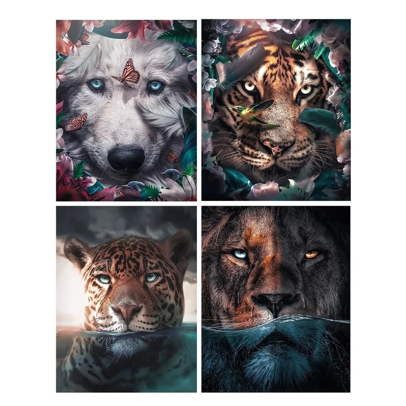 

Lion and Tiger Canvas Art Posters And Prints Creative Animals with Plant Leaves Canvas Painting On the Wall Art Picture Decor