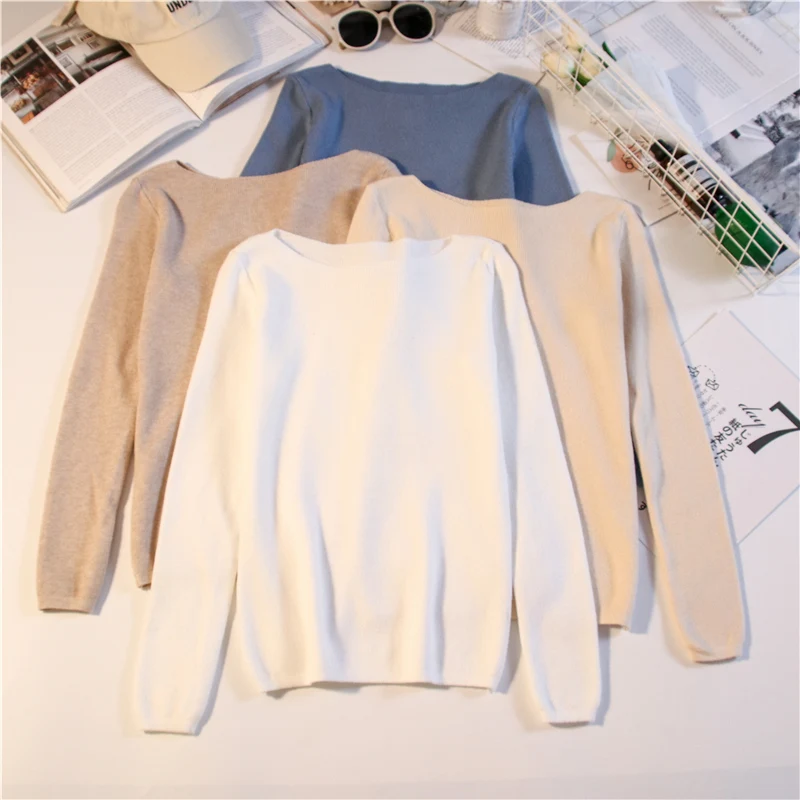 

Women Knitting Long Sleeves Curled O-Neck Collar Female Short Casual Solid Fashion Thin Pullover Ladies Winter Sweaters
